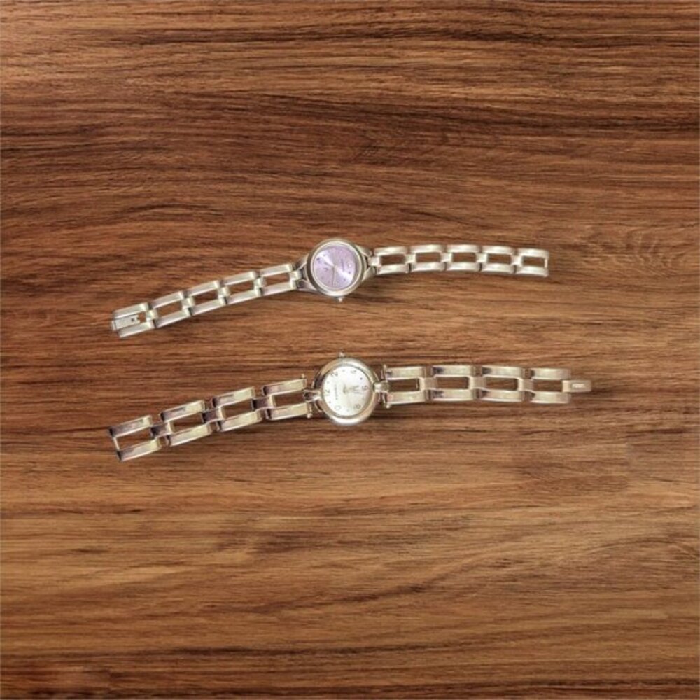2‎ Vintage Fossil Ladies Silver Tone Link Bracelet Watches Lavender White Dials